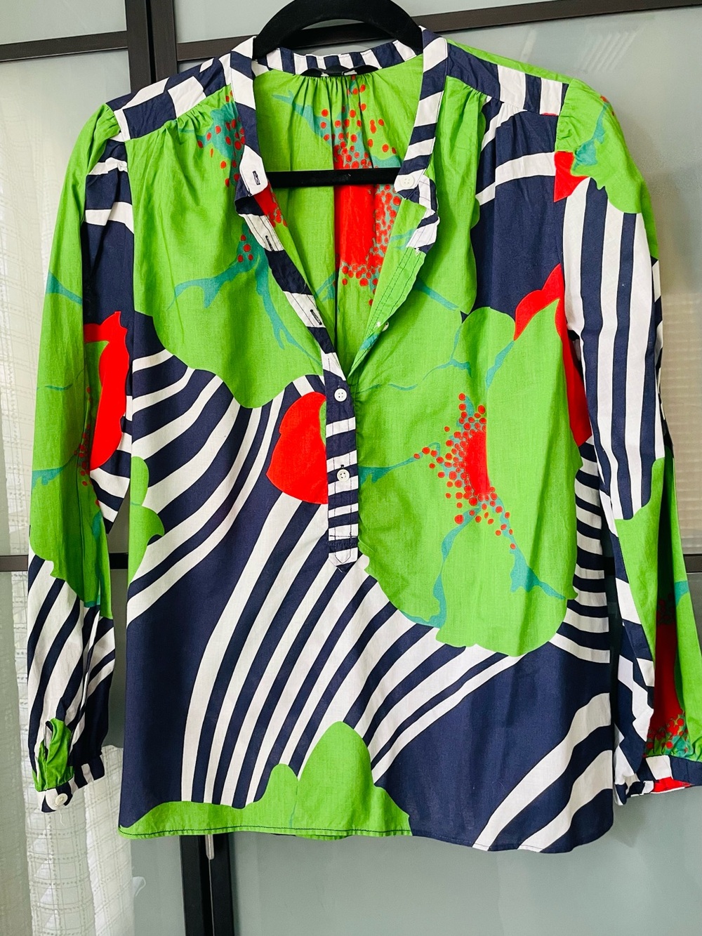 J. Crew Bright Green Floral & Navy Stripe Popover Blouse